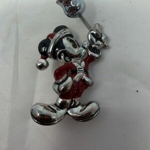 Disney Napier Mickey‎ Mouse Santa Christmas Bobble Bell Pin Brooch Silver Red